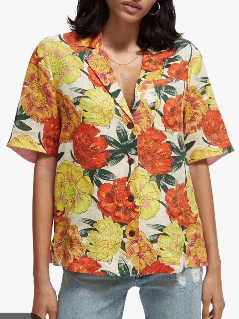 Scotch & Soda Womens Oversized Linen Blend Tropical Floral Print Top Large L
